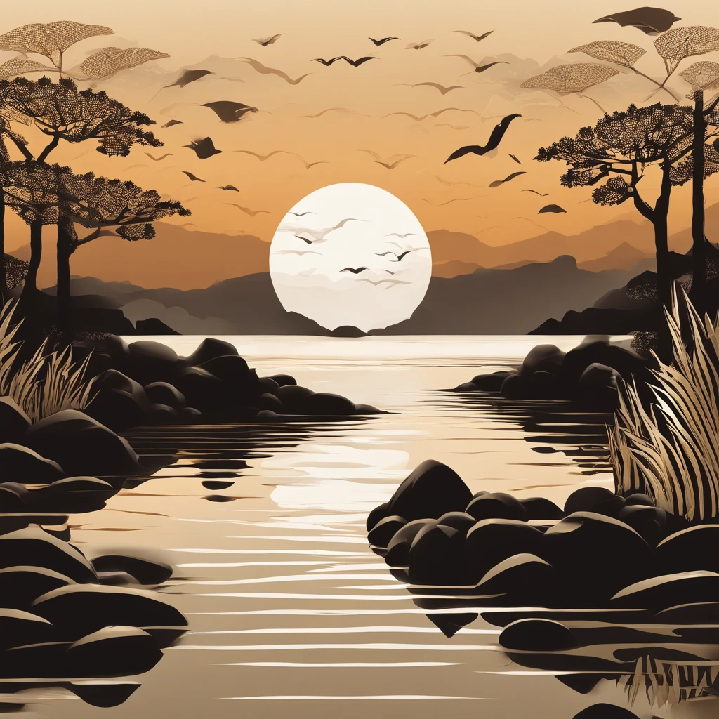 evening. Shore. Balance of stones, lying on top of each other on the river surface. The water reflects the fire, which glows on the shore.
