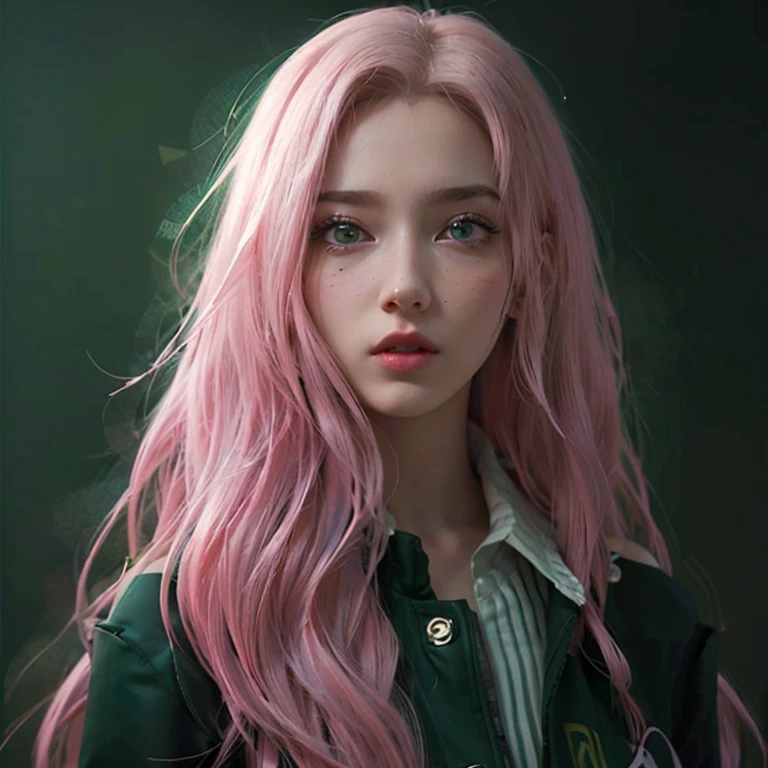 young woman, short shoulder-length pink hair, wide forehead, porcelain skin, pink eyebrows, big emerald green eyes, buttoned nose, full lips, heart-shaped face, slender body, small breasts, red tank top, Sakura Haruno , realistic, realism, details, 3d, well detailed