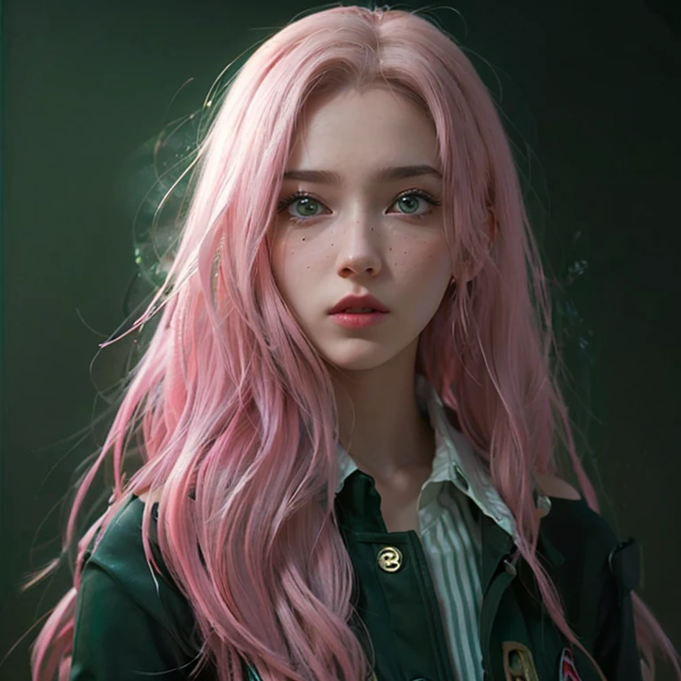 young woman, short shoulder-length pink hair, wide forehead, porcelain skin, pink eyebrows, big emerald green eyes, buttoned nose, full lips, heart-shaped face, slender body, small breasts, red tank top, Sakura Haruno , realistic, realism, details, 3d, well detailed
