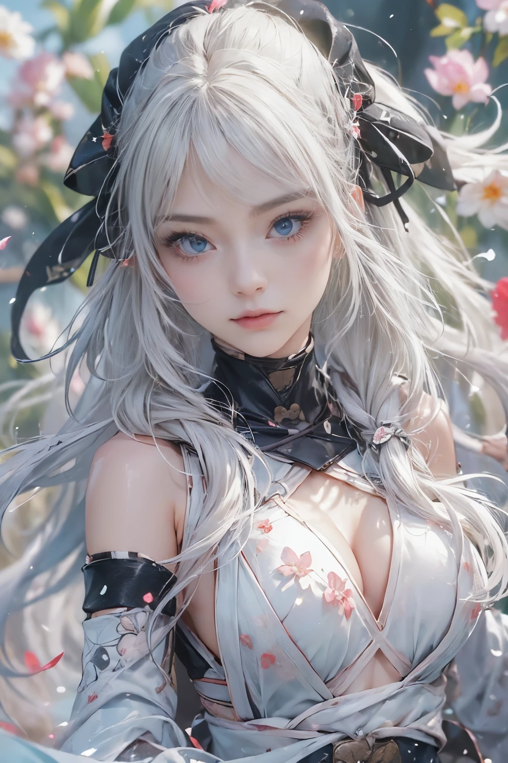 ((((masterpiece, Best Quality, High resolution)))), extremely detailed 8K, {(1 girl:1.6), sexy Beautiful 17 years old girl with slim body, (ninja:1.8):1.6}, (Ultra HD, Ultra-detailed, Highly detailed, Highly realistic, Ultra-realistic, photos realistic), {deep depth of field, (god ray:1.2), (bounced front lighting:1.1), (soft diffused lighting:1.6) }, (1girl:1.5), white long hair, (dynamic sexy poses), (very delicate and natural hair:1.3), facing at camera, light smile, (big firm bouncing breasts: 1.6), (very delicate and natural face, very delicate and natural eyes:1.3),(very delicate and natural clothes:1.2),(crystal blue eyes:1.2) (sexy see-through black ninja suit, The chest part of the suit is widely open, Chest exposed:1.5), {white roses, (battle field:1.6), (flower storm:1.3)}
