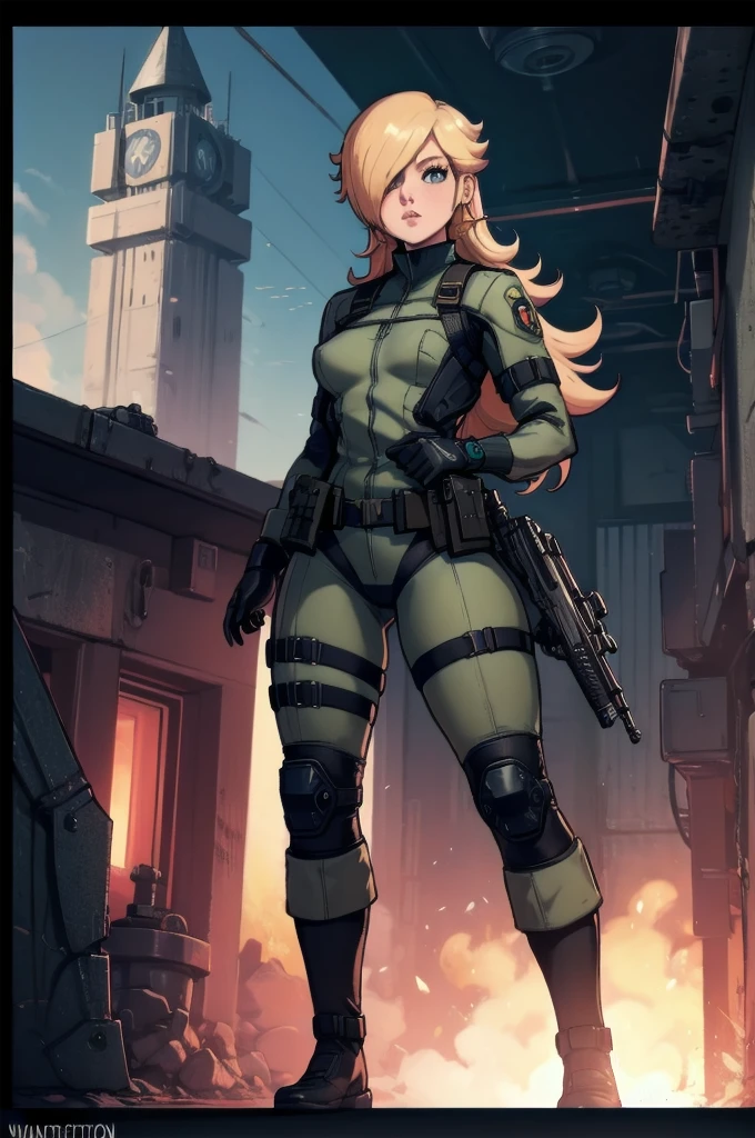 rosalina reimagined as a female solide snake frome metal gear solid, full body, action pose, on infiltration scene, tactical gear, military base background, radio tower background, science fiction background, futuristque background ,