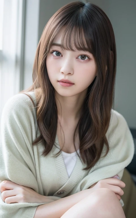 masterpiece, highest quality, 8k, 20th Generation, Large Breasts, cute, alone, sad, cute, Girlish, Delicate girl, Pure beauty, RAW Photos, Professional photography, Portraiture, Soft Light, Professional Lighting, Backlight, Head to Knee, avert your eyes, Sophisticated, Film Grain, (Eyes and facial details:1.0), Wavy long hair、Floating Hair, Beautiful, flowing hair, Asymmetrical bangs, (Loose cardigan(pastel colour、Water color))、(Large Breasts:1.0)、You can see a little cleavage、Micro Mini Skirt、Voluptuous thighs、Dolly Makeup、Odd Eye、The left and right eyes are different々The color of