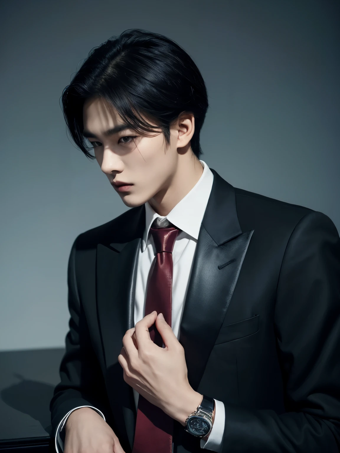 Sexy business style portrait of 18 year old Korean man、For autumn-winter。Black Armani suit、Red Dolce & Gabbana Silk Tie、Wear black YSL leather bootatch with Cartier watch。Face