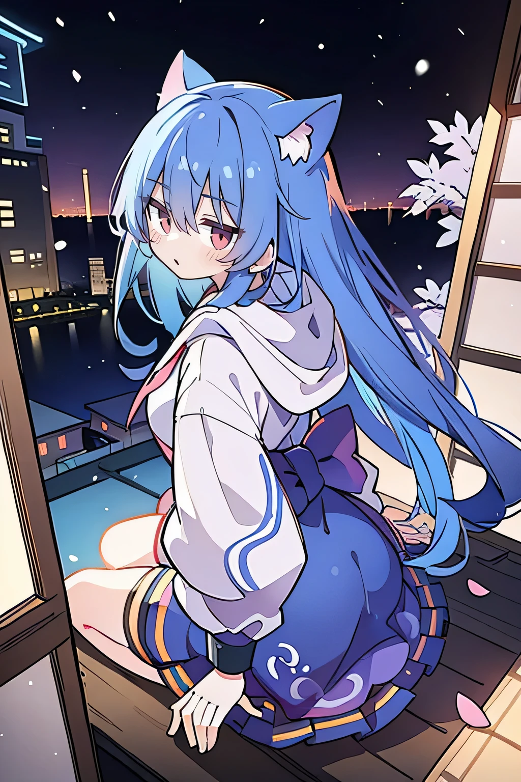 （masterpiece：1.2），Super detailed，lifelike，Expressive eyes，fair skin，perfect face shape，1 girl，
Japanese comics,Gorgeous blue hair,flowing blue hair,flowing clothes,Cat ears,Petals fall,beautiful lola,Baby Angel,
Shaking head with one hand，Cross your legs，Gentle and peaceful background，The pavilion is cool and comfortable,smile, wearing hoodie, background of tokyo,back views,snowing, winter.