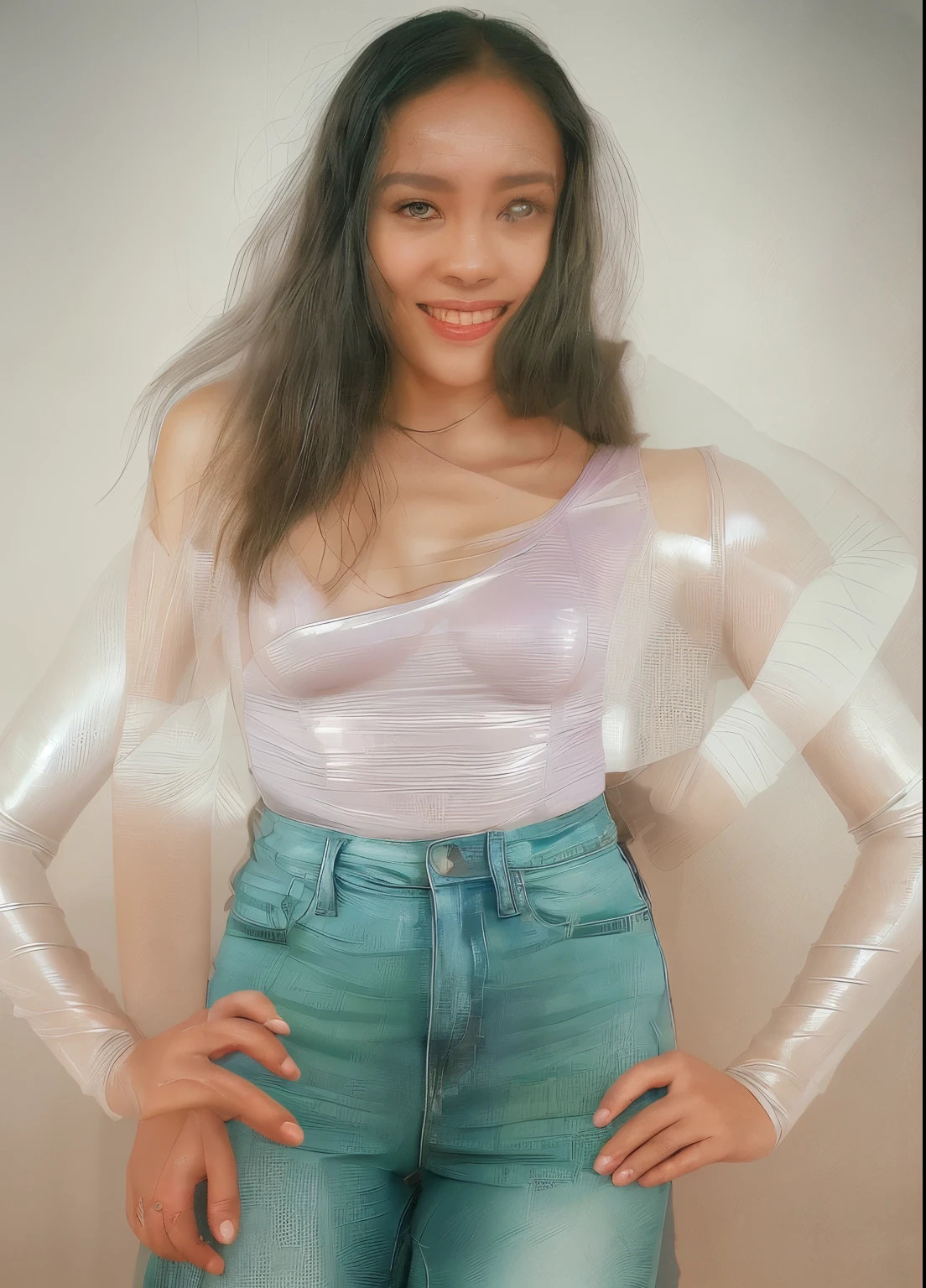 A photo of a beautiful, confident and smiling woman. 1girl, solo girl, mixed-race blasian nigerian korean, short dark hair, black denim ripped jeans, one-shoulder bodysuit, simple form-fitting bodysuit, green to grey to purple ombre gradient color bodysuit, the bust area is metallic texture. The bodysuit has an asymmetric v-shaped neck, asymmetrical neckline, neckline is centred to the side, no collar, very tight and smooth. 50% transparent mesh bodysuit, translucent material, black bra under the bodysuit, slim model, very busty model, smiling. silver belt. (high quality:2), hd, 