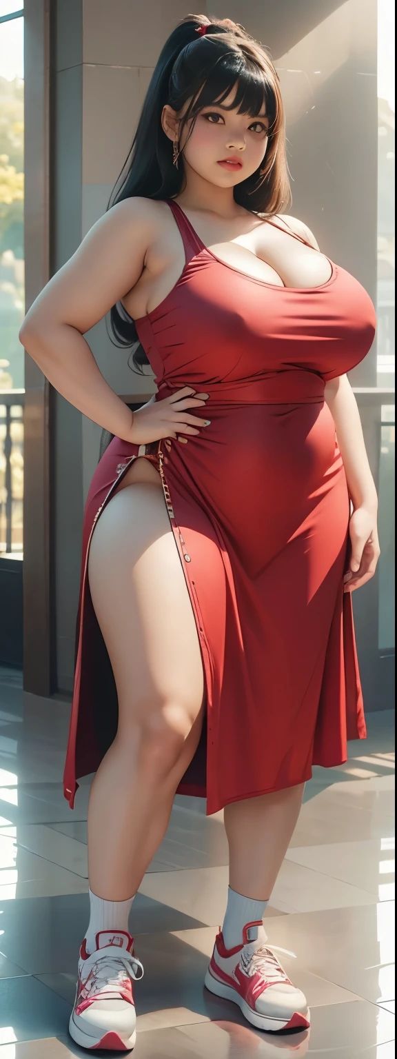 12 year old girl, tubuh chubby , pose acak di ruangan hitam, memakai sneakers warna merah, payudara kecil, paha tebal, , thick arm, hot , , fat belly, long dressed , SFW, , , Wide cleavage, chest, large cleavage , massive thighs , armpit, , dress