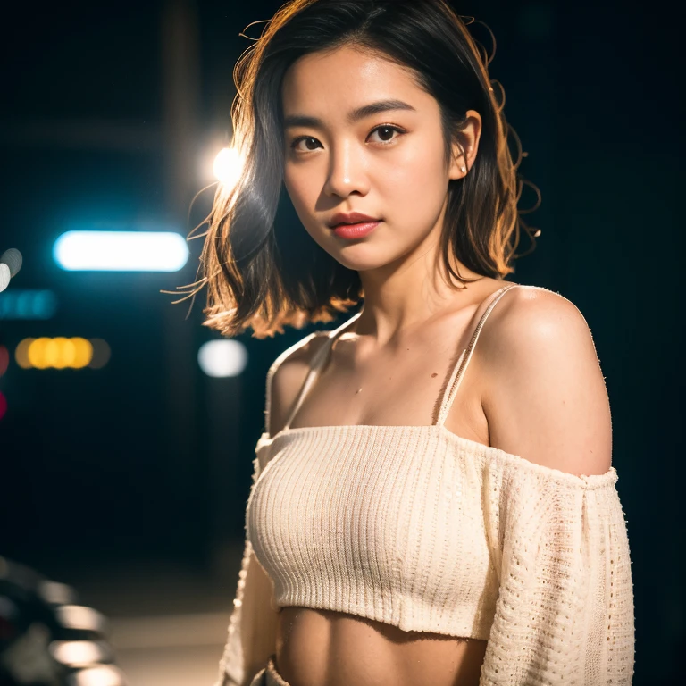 Full face portrait photo of 25 year old European girl, RAW, beautiful woman, semi-open strawberry lip, dimples, wistful expression, (brown hair with extra long wavy), ((detailed face)), ((detailed facial features)), (fine detailed skin), pale skin, (off-the-shoulder crop top dress), cyberpunk megacity environment, ( Cool colors), wet, damp, reflective, (masterpiece) (perfect proportions) (realistic photos) (highest quality) (detail) shot with Canon EOS R5, 50mm lens, f/2.8, HDR, (8k) (wallpaper) (cinematic lighting) (dramatic lighting) (sharp focus) (complex), RAW photos, RAW photos, gigachad photos, camera poses, black jeans, Back Arm, 8K UHD, DSLR, High Quality, Grain Film, Fujifilm XT3, Film Stock Photo 4 Kodak Portra 400 Camera F1.6 Lens Rich colors Ultra-realistic textures Dramatic lighting Unreal Engine Art Station Trends Cinestill 800 tungsten, toughboy style, ultra focus face, short messy hair, Muscles, bursting veins, beads