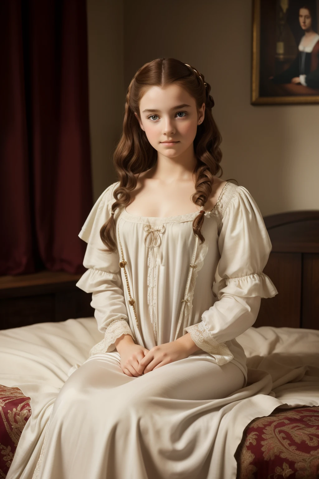 England, 1558. Full body. A young ((((15-year-old)) Margery Fitzgerald)), beautiful, intelligent, expressive eyes, graceful demeanor, in her bedroom, ((sad expression)), ((((night gown clothings from the 1550s)))), ((curly dark-chestnut hairstyle of the 1550s, lustrous and flowing hair)), colorful, pastel colors, realistic