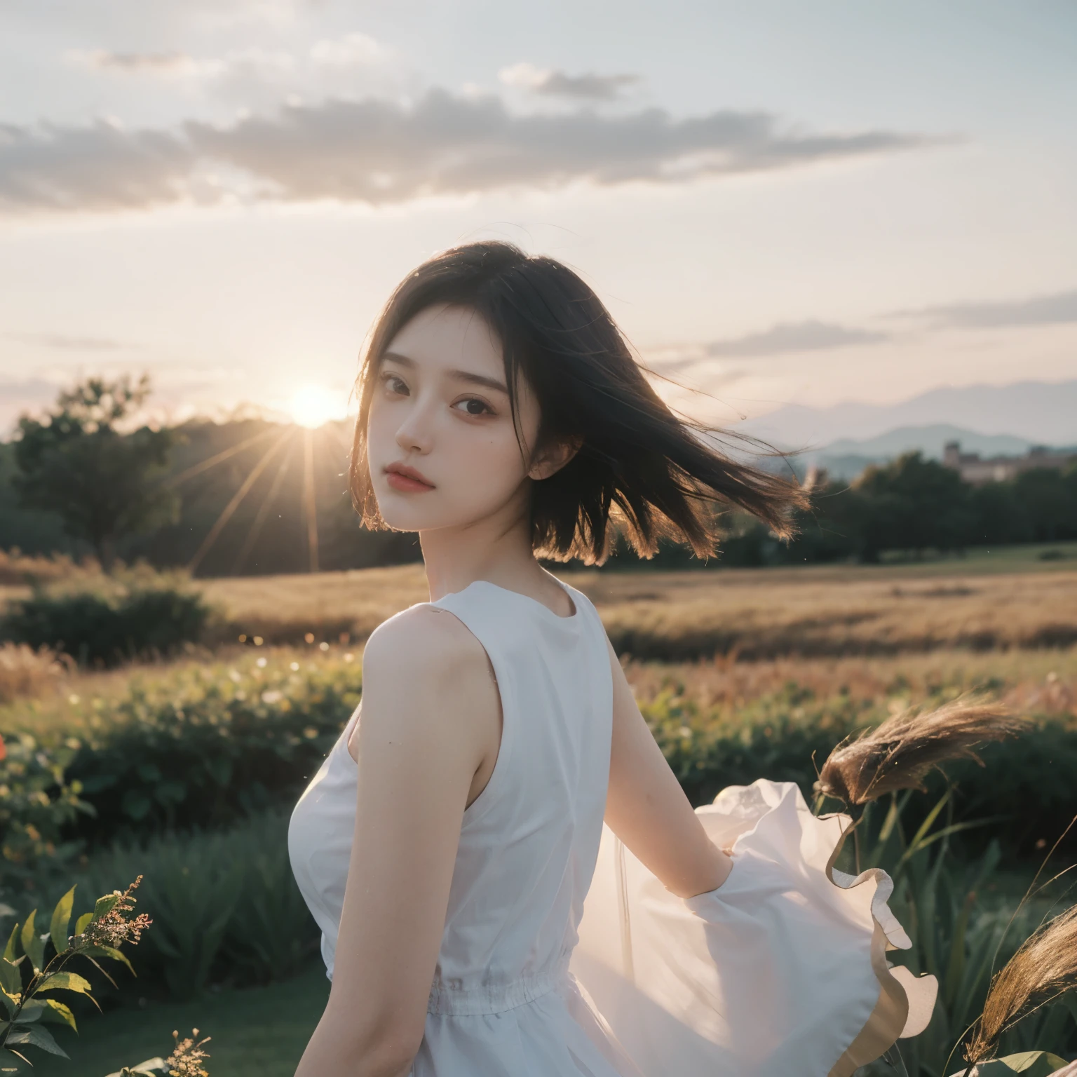 highest quality,masterpiece,Ultra-high resolution,Realistic,RAW Photos,unity 8k wallpaper, Panorama, Cinematic lighting,
On the grass, sunset, Dappled Sunshine, Golden Hour Lighting, Backlight, Blurred Background, (Lens flare), Wind, pastel colour, Soft Light,
1 Girl,Floating short hair, elegant, Upper Body,
