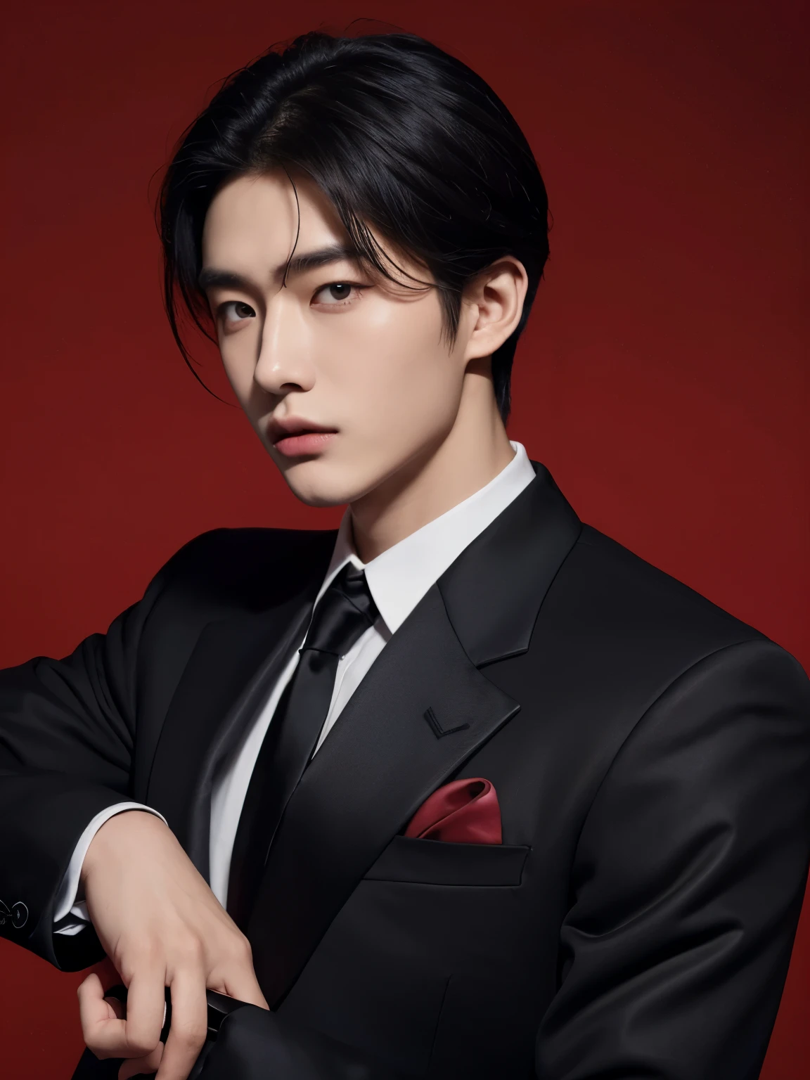 Stylish portrait of 18 year old Korean man、For autumn-winter。Black Armani suit、Red Dolce & Gabbana Silk Tie、Wear black YSL leather bootatch with Cartier watch。Face