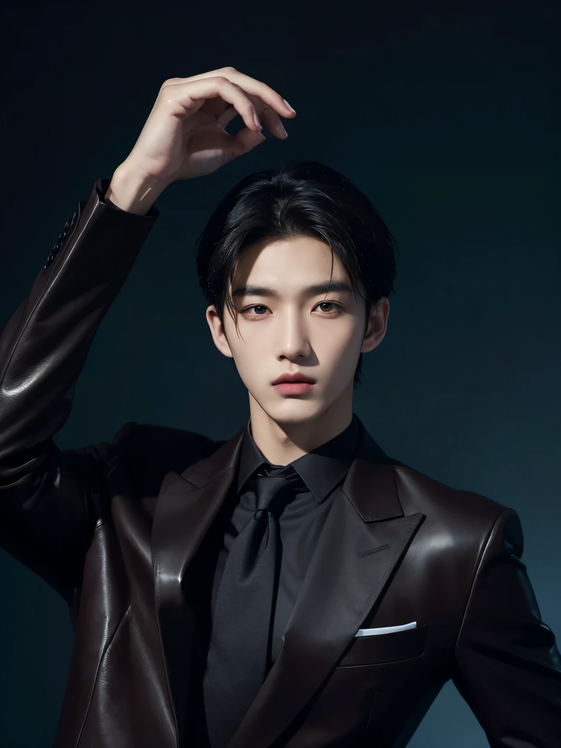 Stylish portrait of 18 year old Korean man、For autumn-winter。Black Armani suit、Red Dolce & Gabbana Silk Tie、Wear black YSL leather bootatch with Cartier watch。Face