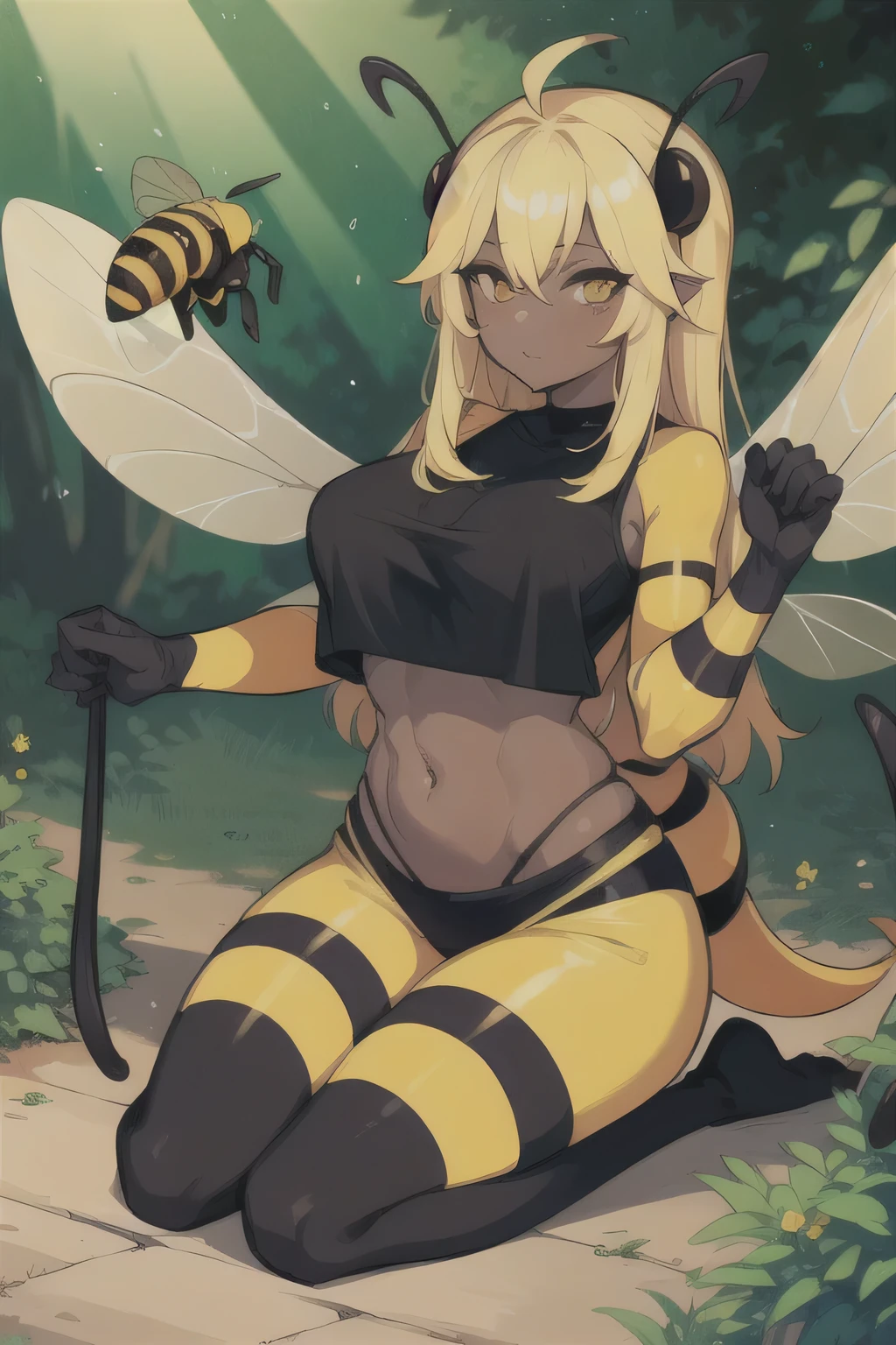 1girl, bee girl, black croptop shirt, full body, outdoors, darkskin, blonde hair, golden eyes, 1 bee abdomen, stinger, 4 bee wings