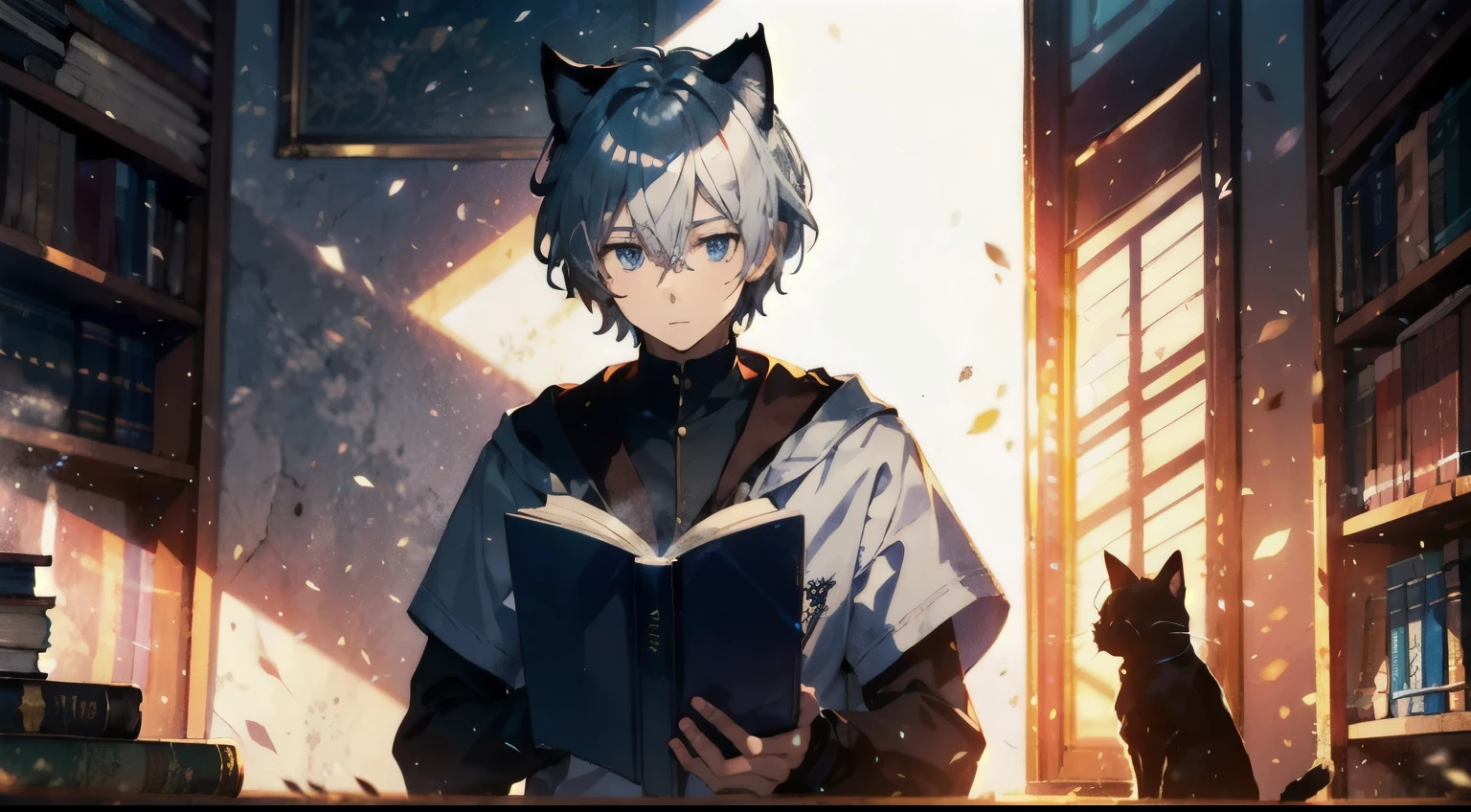 1 male, hidden gem, hidden, Book, Library of Magic, (Shine:0.4), Soft lighting, masterpiece,  Silver Hair，Cat ear
