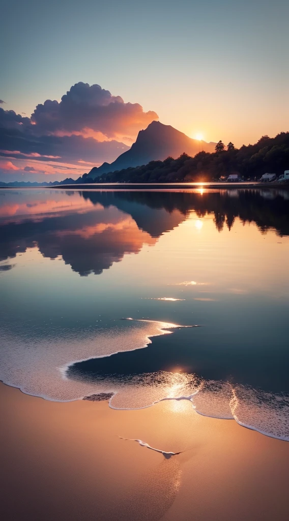 Generate a captivating image of a serene and breathtakingly beautiful sunset, characterized by its simplicity and elegance. Enhance the image's quality by enriching the warm, vivid colors of the setting sun and the gentle gradients in the sky, giving it a more vibrant and immersive feel. Add intricate details to the landscape, like wisps of clouds, the texture of the tranquil water, and the silhouettes of any elements in the foreground. Make sure the final image evokes a sense of tranquility and awe, capturing the essence of a perfect sunset moment