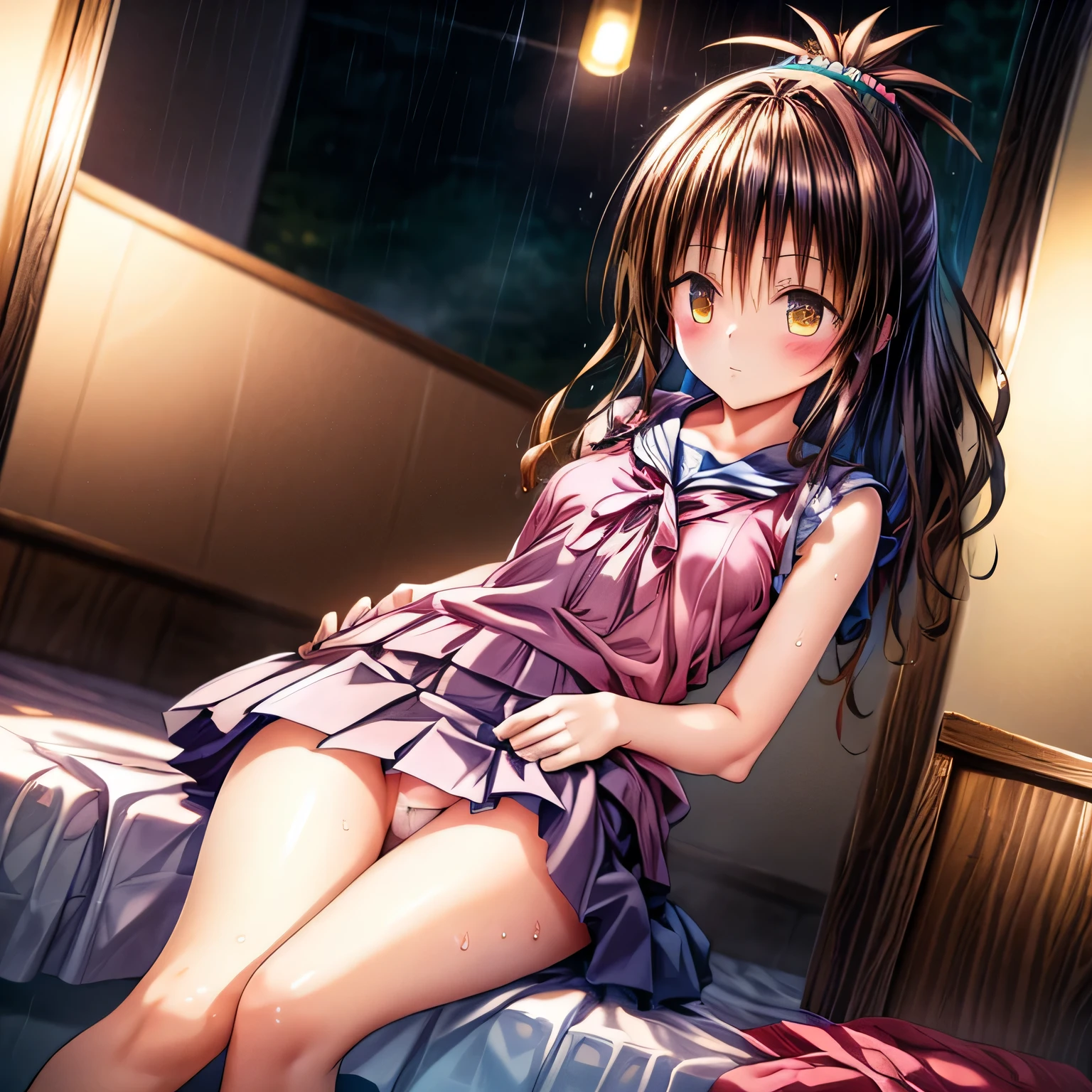 realistically, brown eyes, ponytail, glowing eyes, white short skirt, extra short skirt, Blush, daytime, Wet from the rain, see through, sleeveless shirt, nipples, pussy, crotch, embarrass, Sit with your knees raised, windy, yuki mikan, the skirt is turned up, highest quality, High resolution, highly detailed face, perfect lighting, Very detailed CG, perfect hands, perfect anatomy, hand pulled skirt up,
