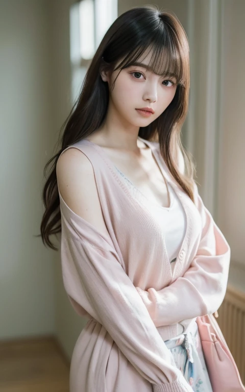 masterpiece, highest quality, 8k, 20th Generation, Large Breasts, cute, alone, sad, cute, Girlish, Delicate girl, Pure beauty, RAW Photos, Professional photography, Portraiture, Soft Light, Professional Lighting, Backlight, Head to Knee, avert your eyes, Sophisticated, Film Grain, (Eyes and facial details:1.0), Wavy long hair、Floating Hair, Beautiful, flowing hair, Asymmetrical bangs, (Loose cardigan(Random pastel colors))、(Large Breasts:1.0)、You can see a little cleavage、Micro Mini Skirt、Voluptuous thighs、Dolly Makeup、Odd Eye、The left and right eyes are different々The color of