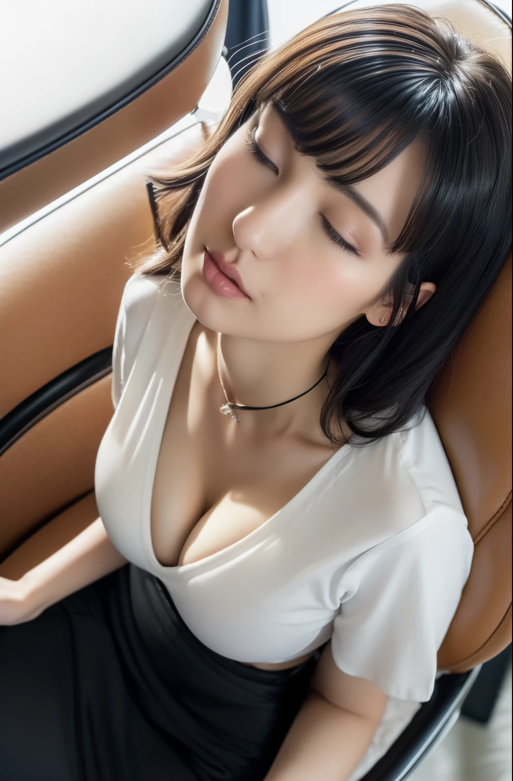 High resolution、Photorealistic、Hyperrealism、Slender body、Realistic、Beautiful Japanese Women、、Black-haired、Bob Hair、bangs、Detailed face、Detailed lips、Beautiful Eyes、Glowing Skin、one person、Ideal beauty、Big Breasts、(Background is the office)、((((Sit on a chair, Look straight up, Close ~ eyes, sleep, Unconscious、A little bit of cleavage is visible、Mouth slightly open、Clothing)))), ((((Black pencil skirt, Black Business Jacket, White lightweight V-neck T-shirt)))), ((Cowboy Shot, From above))