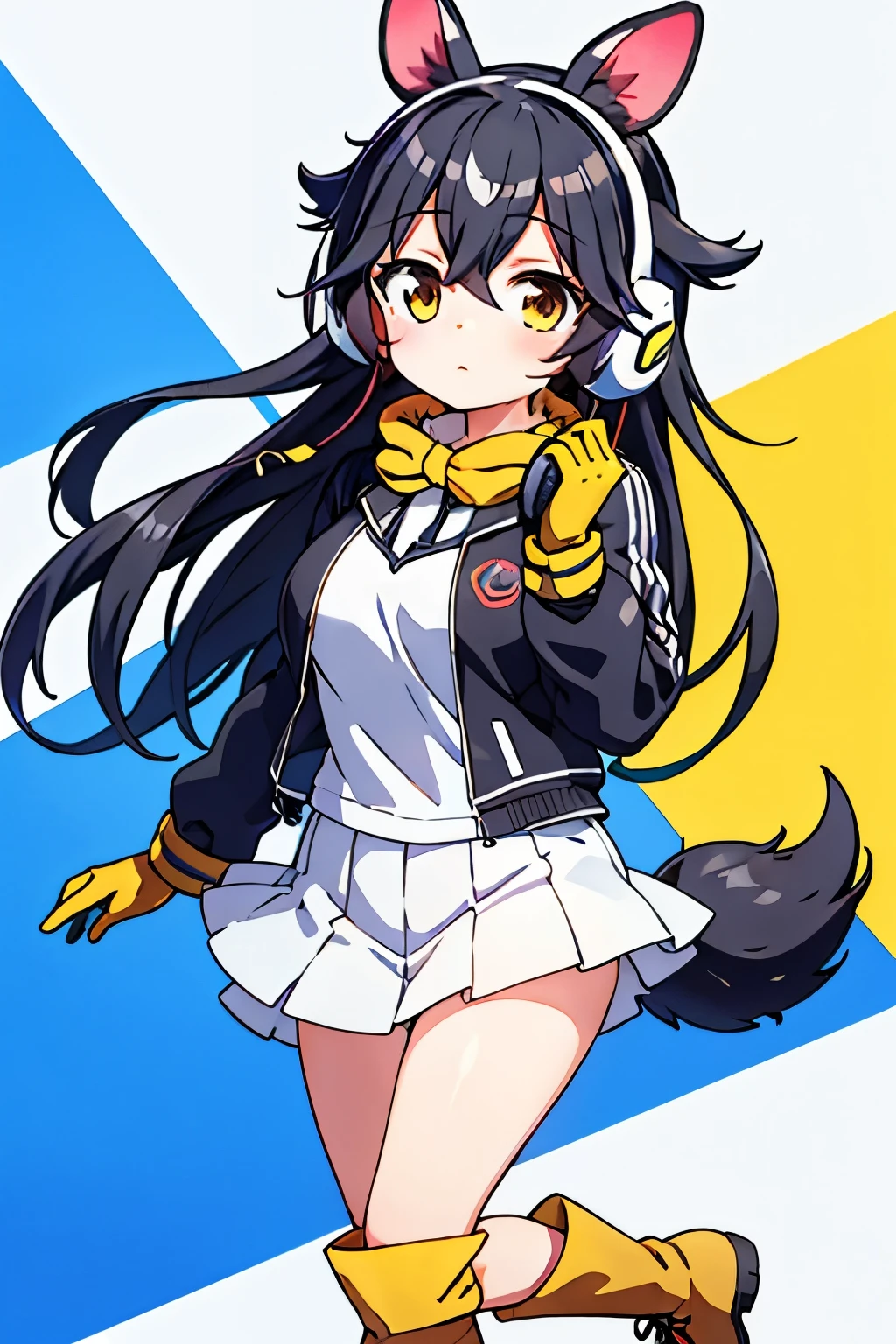 gentoo penguin \(kemono friends\), 1girl, black hair, multicolored hair, long hair, brown eyes, short tail, headphones, two-tone jacket, two-tone gloves, white skirt, yellow boots