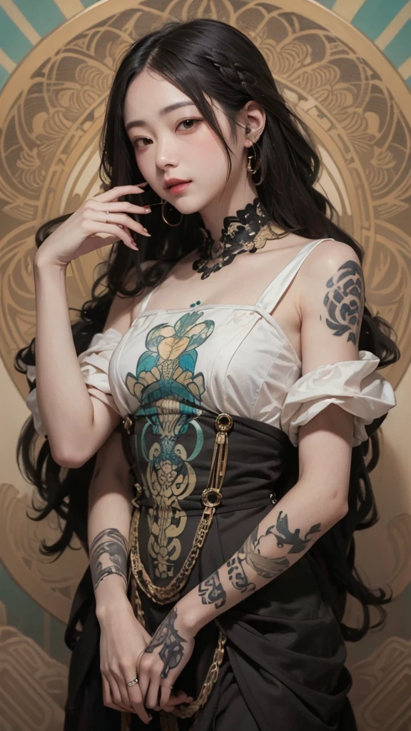 highest quality, High resolution, woman , color々Hairstyle、いろいろな髪color, (Alphonse Mucha:1.10),、Snake tattoos on both arms only