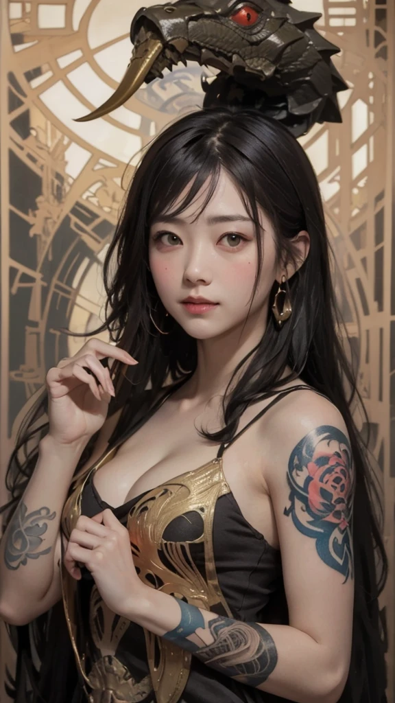 highest quality, High resolution, woman , color々Hairstyle、いろいろな髪color, (Alphonse Mucha:1.10),、Snake tattoos on both arms only
