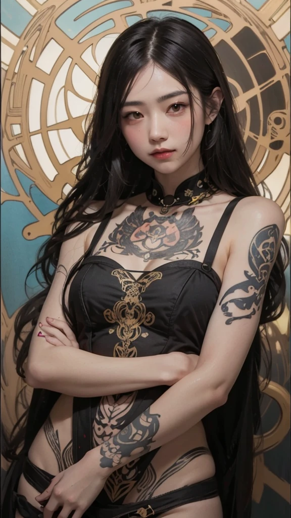 highest quality, High resolution, woman , color々Hairstyle、いろいろな髪color, (Alphonse Mucha:1.10),、Snake tattoos on both arms only