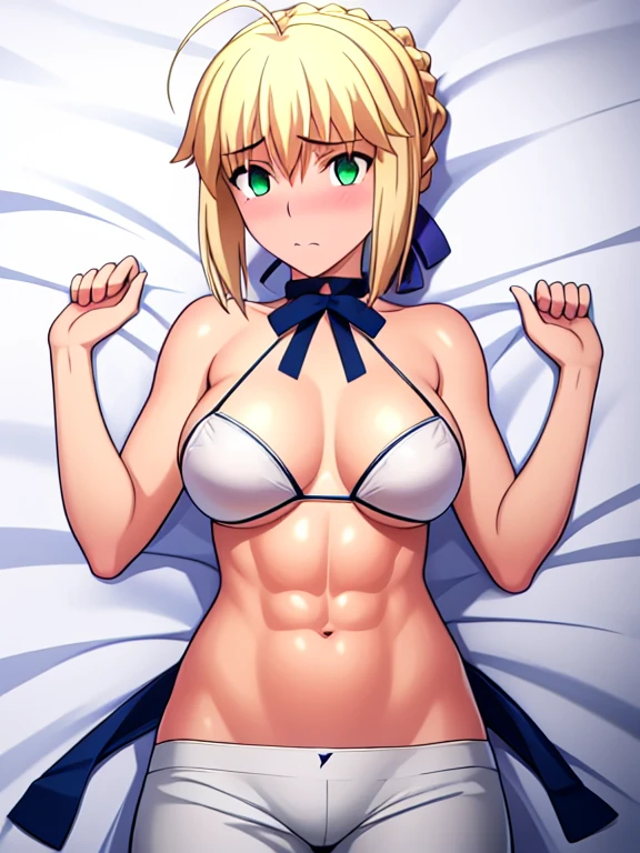 best quality, masterpiece, highres, detailed, detailed_background, ray_tracing_graphic, solo, adult_female, {saber_fatestaynightufotable:1.15}, French_braid, blonde_hair, little_ahoge, detailed_green_eyes, blue_ribbon, 1girl, anime_coloring, shy_face, five_fingers, blush, large_breasts, official_white_bikini, blue_straps, pants, from_the_front, lying, bed, room, looking_at_viewer, oily_face, oily_skin, sixpack_abs, detailed_skin, detailed_face,