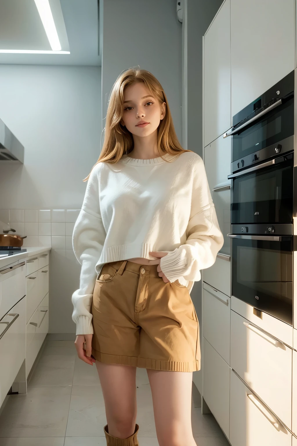 one girl, ((full body)), solo, oversized white cropped sweater, kitchen interior, (cinematic lighting, perfect lighting), (vivid colors), looking at viewer, parallel to the camera.