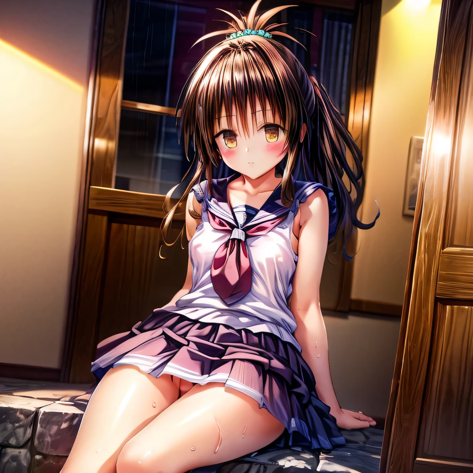 realistically, brown eyes, ponytail, glowing eyes, white short skirt, extra short skirt, Blush, daytime, Wet from the rain, see through, sleeveless shirt, nipples, pussy, crotch, embarrass, Sit with your knees raised, windy, yuki mikan, the skirt is turned up, highest quality, High resolution, highly detailed face, perfect lighting, Very detailed CG, perfect hands, perfect anatomy, hand pulled skirt up,