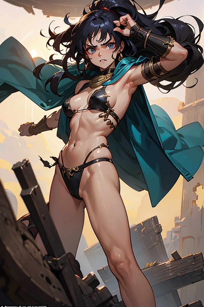 A scantily clad female warrior, standing in a fighting stance, tackles Conan. With her wild hair cascading over her shoulders and her torn robes revealing her torso, there is an atmosphere of tension and readiness for battle