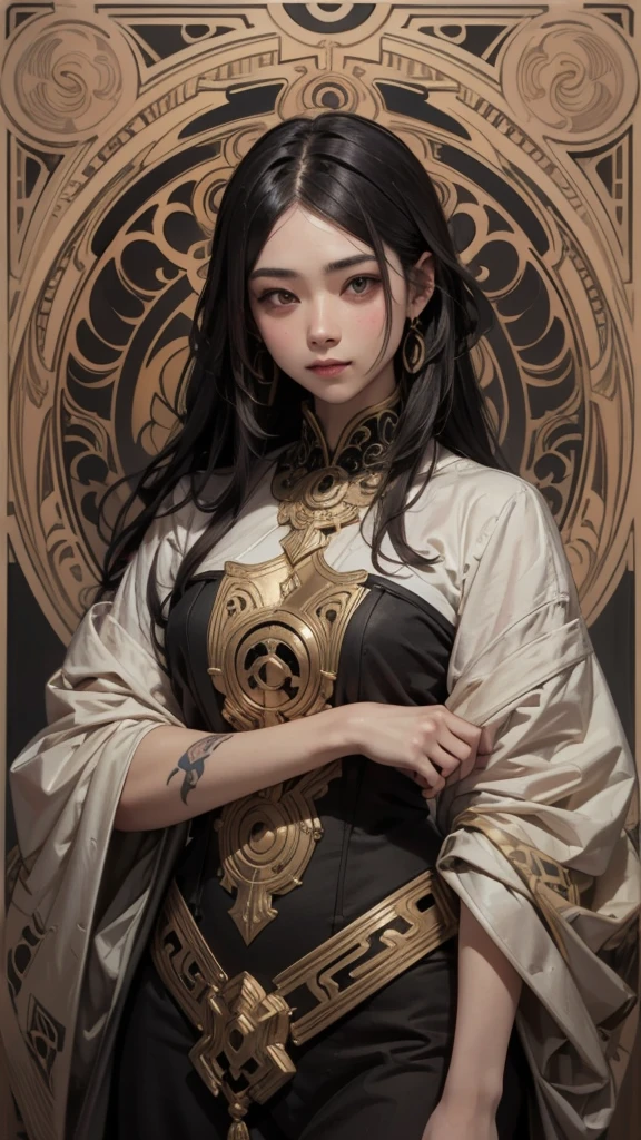 highest quality, High resolution, woman , color々Hairstyle、いろいろな髪color, (Alphonse Mucha:1.10),、Snake tattoos on both arms only
