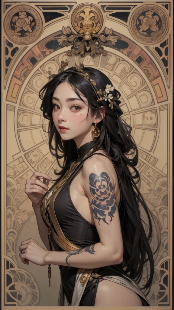 highest quality, High resolution, woman , color々Hairstyle、いろいろな髪color, (Alphonse Mucha:1.10),、Snake tattoos on both arms only