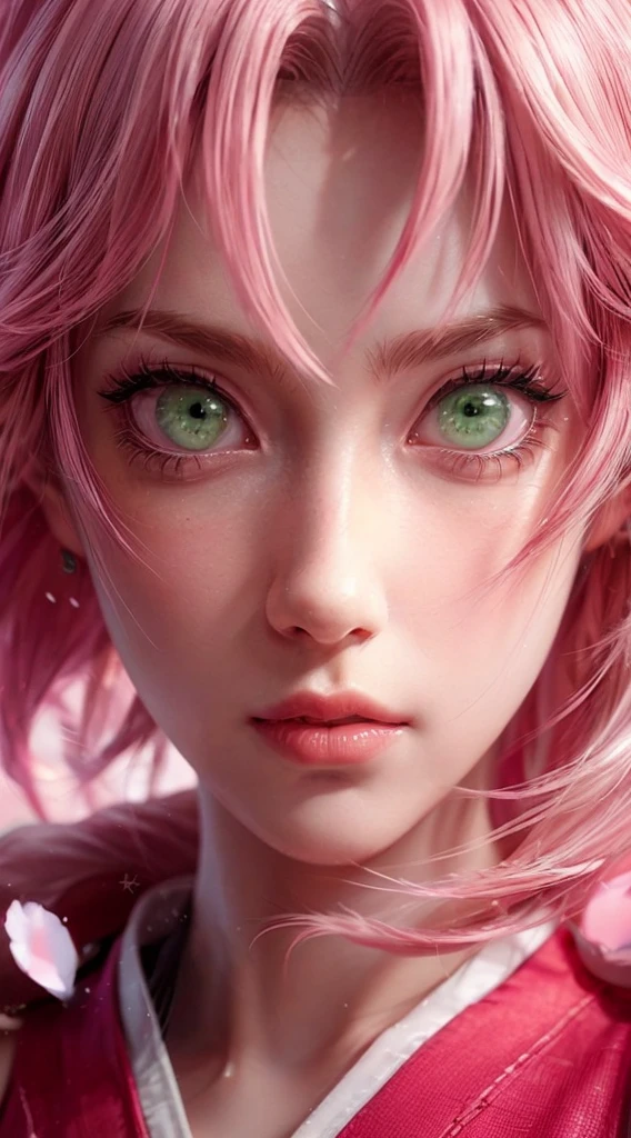 young woman, short shoulder-length pink hair, wide forehead, porcelain skin, pink eyebrows, big emerald green eyes, buttoned nose, full lips, heart-shaped face, slender body, small breasts, red tank top, Sakura Haruno , realistic, realism, details, 3d, well detailed
