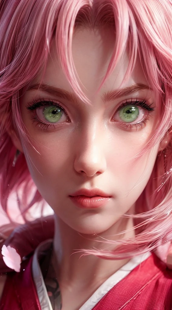 young woman, short shoulder-length pink hair, wide forehead, porcelain skin, pink eyebrows, big emerald green eyes, buttoned nose, full lips, heart-shaped face, slender body, small breasts, red tank top, Sakura Haruno , realistic, realism, details, 3d, well detailed
