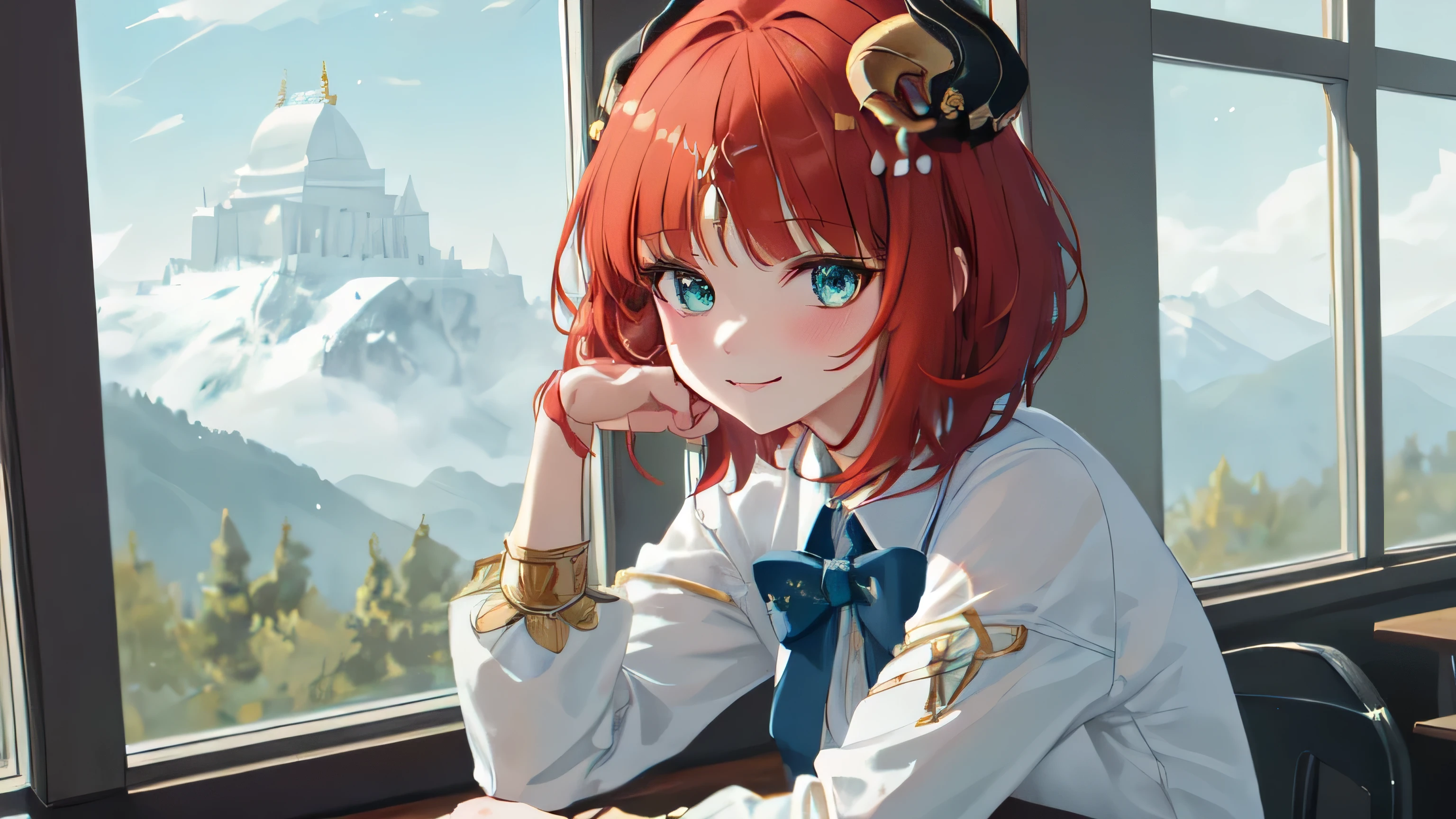 UHD, retina, masterpiece, ccurate, anatomically correct, textured skin, super detail, high details, high quality, award winning, best quality, highres, 16k, niloudef, upper body, smile, blush, outdoors, day, simple background, blue sky, short hair, sky, temple, looking at viewer, stairs, mountain, moody lighting, Sitting at a desk in a high school class and looking out the window, peaceful and modern background