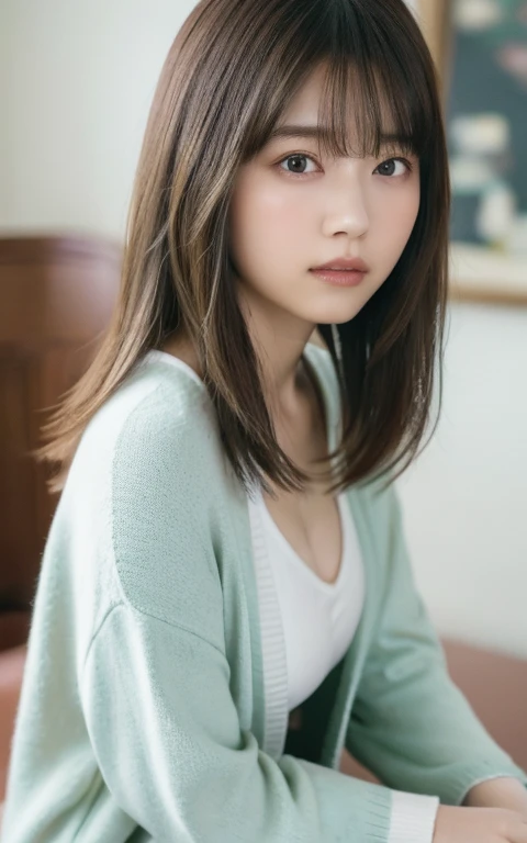 masterpiece, highest quality, 8k, 20th Generation, Large Breasts, cute, alone, sad, cute, Girlish, Delicate girl, Pure beauty, RAW Photos, Professional photography, Portraiture, Soft Light, Professional Lighting, Backlight, Head to Knee, avert your eyes, Sophisticated, Film Grain, (Eyes and facial details:1.0), Short floating hair, Beautiful, flowing hair, bangs, (Loose cardigan(pastel colour、Water color))、(Large Breasts:1.0)、You can see a little cleavage、Micro Mini Skirt、Voluptuous thighs、Dolly Makeup、Odd Eye、The left and right eyes are different々The color of
