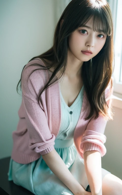masterpiece, highest quality, 8k, 20th Generation, Large Breasts, cute, alone, sad, cute, Girlish, Delicate girl, Pure beauty, RAW Photos, Professional photography, Portraiture, Soft Light, Professional Lighting, Backlight, Head to Knee, avert your eyes, Sophisticated, Film Grain, (Eyes and facial details:1.0), Short floating hair, Beautiful, flowing hair, bangs, (Loose cardigan(pastel colour、Water color))、(Large Breasts:1.0)、You can see a little cleavage、Micro Mini Skirt、Voluptuous thighs、Dolly Makeup、Odd Eye、The left and right eyes are different々The color of