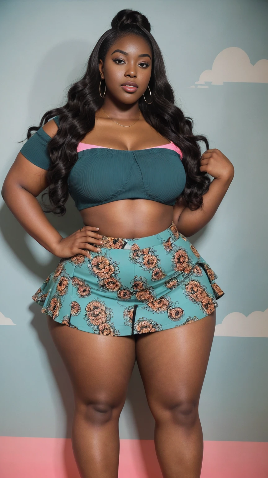 20 years old girl , dark skin, curvy plus size body, thick fleshy thighs, busty, bigger waist and hips, full body shot, full body view, afro hair, vintage, retro pin up style,sexy, , surprised, mini tight skirt, flowing skirt, colorful ,teal color scheme, masterpieces art work, illustrated,