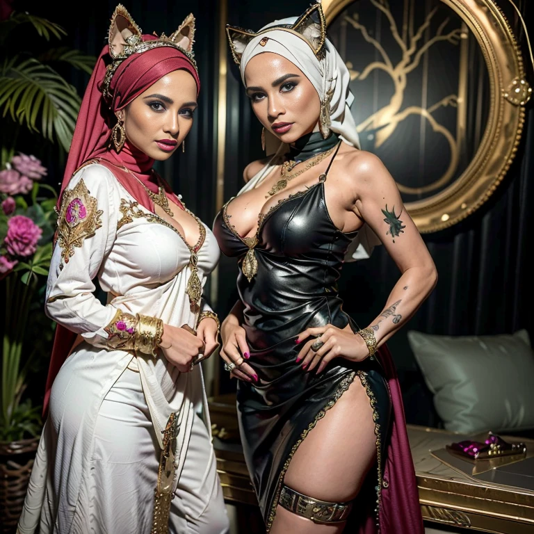 Two:2 prostitute Malaysian ,sexy malay, The whole body consists of a young girl with hijab, Eye makeup, 35 year old model, Cat ears, Soft lighting, Solo, Wear shabby clothes, Dirty, Tattered futuristic military uniform, Cat's paw badge, Pose, spot color, rendering by octane, Ultra-realistic intricate details, Cinematic, 8K resolution, 70mm, emphasis lightings, (((2 girls:1.5, girls standing))) Setting background: Basquiat graffiti wall background,Graffiti artist, urban walls, spray paint cans, bold colors, rebellious strokes, street gallery, artistic , night shadows, public expression, aerosol mastery, layered stencils, cultural messages, graffiti tags, creative risks, vibrant visuals, underground recognition, impactful designs, urban transformation. Art by Mschiffer, (((Woman with hijab style, hijab with sexy dress)), (lace stockings), (((Wearing: diamond necklace and earrings))). RAW photo, full sharp, detailed face (high detailed skin:1.2), 8k uhd, dslr, soft lighting, high quality, film grain, Fujifilm XT3, (extremely beautiful face, sexy lips, beautiful red lips, Clear eyes, beautiful eyes), (big green eyes), pretty girl, face forward, intricate detail face, ((ultra detailed skin)) (skin texture, film grain), Detailed beautiful face, natural tpose, natural facial expression, (((Straight breasts))), Surreal full-body figure, Beautiful and delicate body and face, gorgeous figure, ssmile, Titillating,Surreal full-body figure,Beautiful and detailed body and face, Super vista, White skin of the, vivd colour,🔥8k, masterpiece, RAW photo, best quality, (18k detail:1.2), photorealistic, extremely, deep shadow, earrings, bracelets, necklace,
