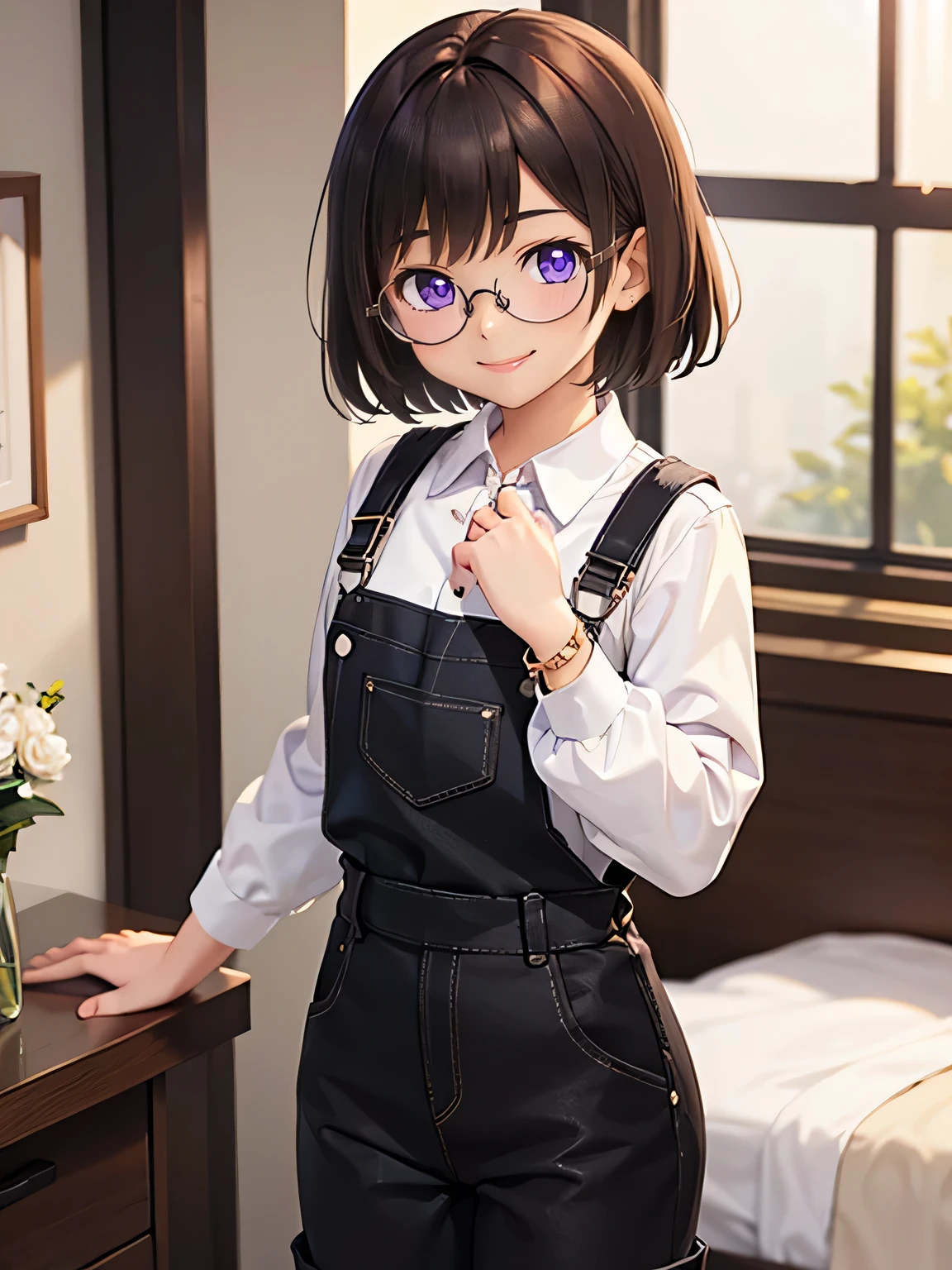 Purple eyes, white shirt, long sleeves, brown tights, black skirt, short, black overalls, short hair, brown hair, no chest, bracelet, room, black glasses, smile, sfw, standing