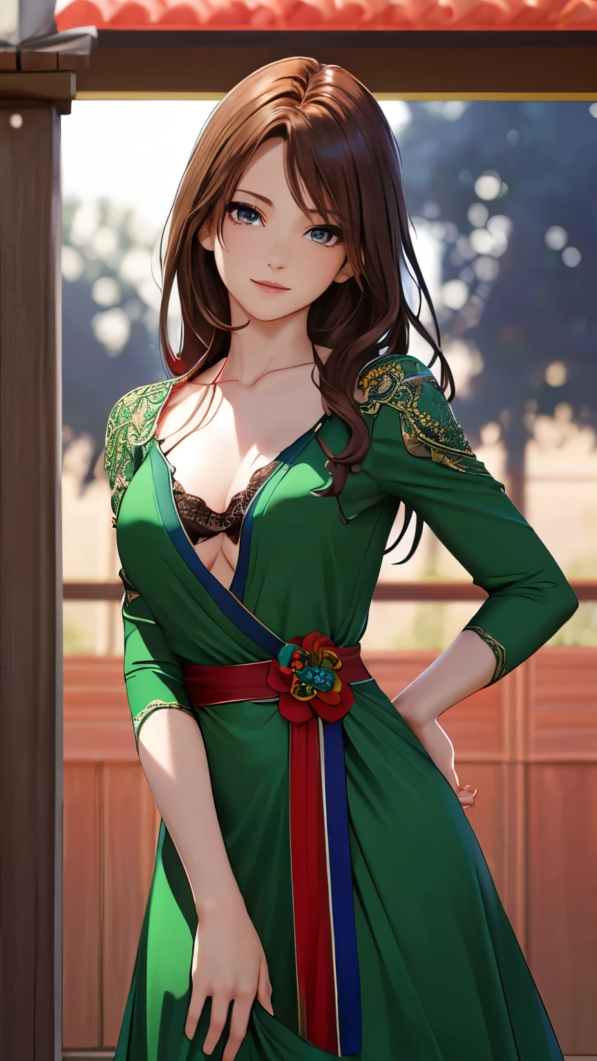 Cowboy Shot, highest quality, 超A high resolution, (Realistic:1.4), 細部までBeautiful Face, Detailed clothing, Attractive European women,highest quality, 4K, High resolution, masterpiece:1.2, Very detailed,(front:1.9),MangaKawaiiAnime,(Photorealistic:1.4)Beautiful Face, (looking at the camera),Cute face, 、RAW Photos, highest quality,, Vibrant, Red and blue eyes,Strong gaze,Vibrant colors,(frontを向く:1.5),((masterpiece,highest quality)), 4K, High resolution, 1 female, alone, smile, Green Dress, (Perfumer Costume:1.2),