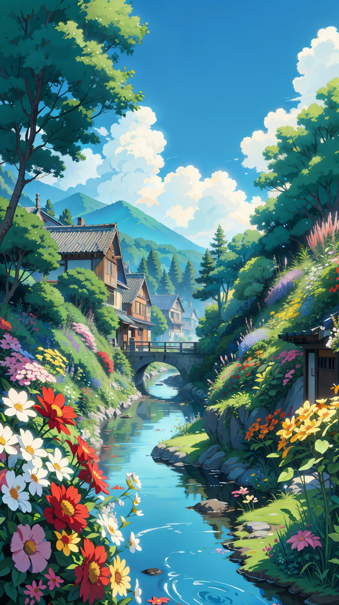 a painting of studio ghibli streets, still from the wind rises movie, multicolored flowers, river, anime, japanese, flower background, flowery wallpaper, flowers background, floral background, mountainous background, mountain background. by makoto shinkai, ghibli artstyle, 4k professional painting, game, detailed key anime art, illustation, a beautiful artwork illustration, beautiful digital painting, highly detailed digital painting, beautiful digital artwork, detailed painting 4 k, very detailed digital painting, rich picturesque colors, gorgeous digital painting