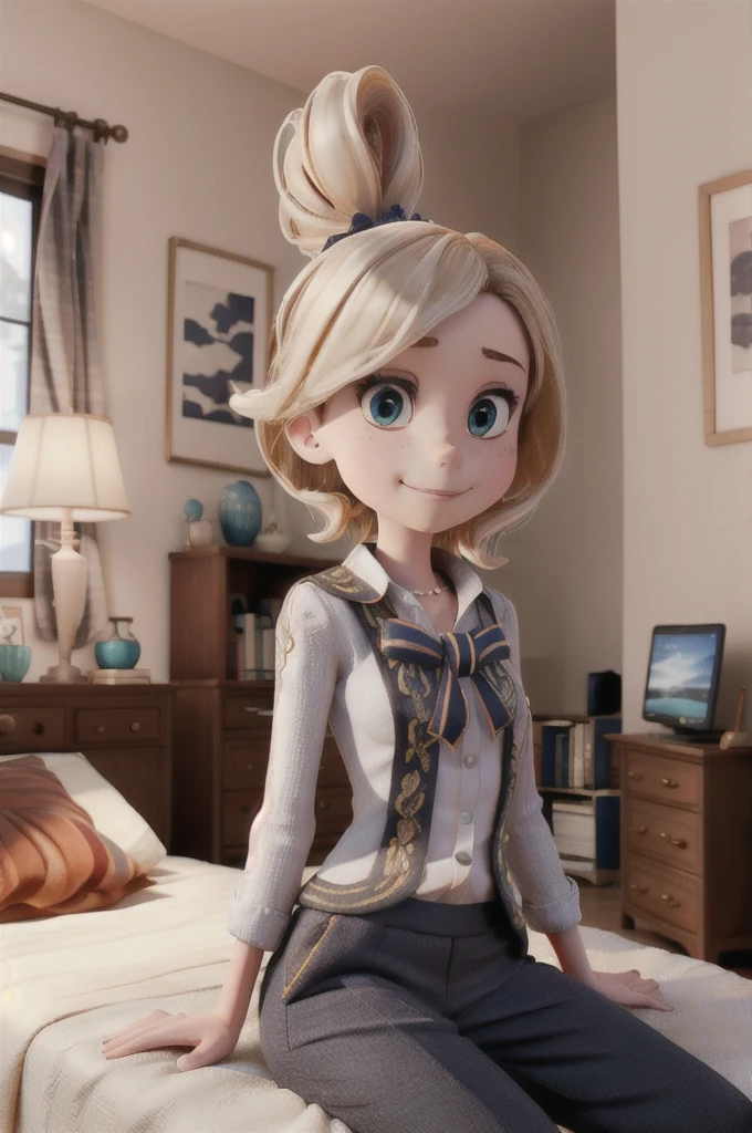 (((1 girl)),ray tracing,(dim lighting),[detailed background (bedroom)),((silver hair)),((silver hair)),(Fluffy silver hair, plump slender girl)) with high ponytail)))) Avoid blonde eyes in the ominous bedroom ((((Girl wears intricately embroidered black high-waisted pants with pantyhose) and white ruffled bow gloves), showing a delicate slim figure and graceful curves, correct limbs, sitting on the bed