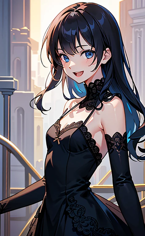 (masterpiece:1.4、top-quality、illustration:1.4,realistic、)、(character focus、breast focus,upper body:1.3)、(1girl),(Open mouth happy smile:1.3),(cute),cute face,blue eyes、(cute)、
,(stand:1.4),(black long hair),
,(slender),lace dress:1.3),
(),(), (small breasts:1.3)、
、slender、