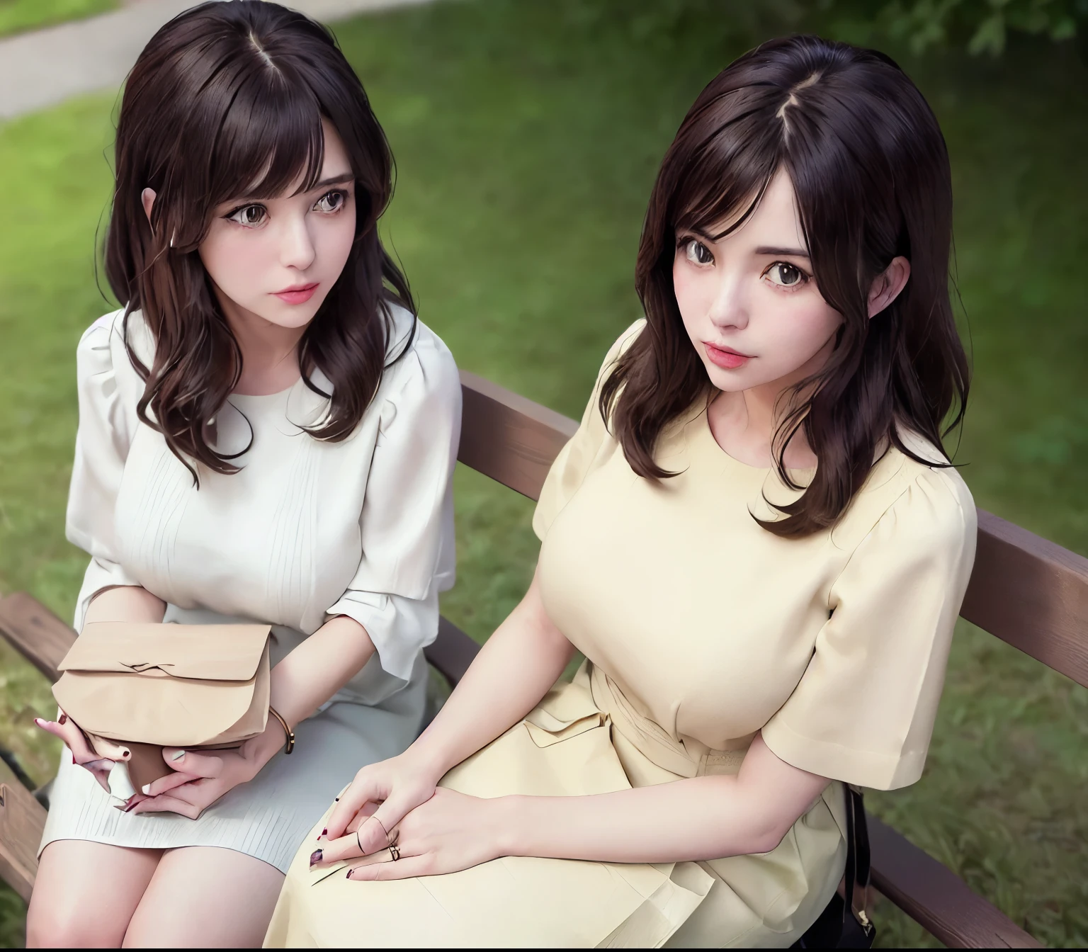 2lady, Sit on it (Bench end), (Office staff outfit) fashionable, Mature female, /(Brown hair/) Bangs, (Looking at the phone), (Masterpiece Best Quality:1.2) Exquisite illustrations with rich details, large breasts rest /(Black Hair/) Bangs, (Staring into the distance) rest ((Simple paper bag:1.2) Sitting in the middle of the bench) rest (Ordinary city park) outdoor, (green landscape), noon, Detailed background