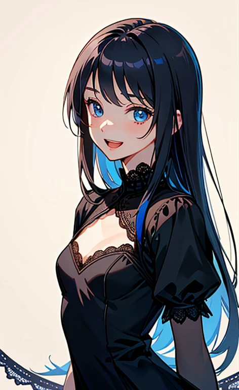 (masterpiece:1.4、top-quality、illustration:1.4,realistic、)、(character focus、breast focus,upper body:1.3)、(1girl),(Open mouth happy smile:1.3),(cute),cute face,blue eyes、(cute)、
,(stand:1.4),(black long hair),
,(slender),lace dress:1.3),
(),(), (small breasts:1.3)、
、slender、