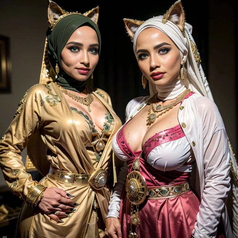 Two:2 prostitute Malaysian ,sexy malay, The whole body consists of a young girl with hijab, Eye makeup, 35 year old model, Cat ears, Soft lighting, Solo, Wear shabby clothes, Dirty, Tattered futuristic military uniform, Cat's paw badge, Pose, spot color, rendering by octane, Ultra-realistic intricate details, Cinematic, 8K resolution, 70mm, emphasis lightings, (((2 girls:1.5, girls standing))) Setting background: Basquiat graffiti wall background,Graffiti artist, urban walls, spray paint cans, bold colors, rebellious strokes, street gallery, artistic , night shadows, public expression, aerosol mastery, layered stencils, cultural messages, graffiti tags, creative risks, vibrant visuals, underground recognition, impactful designs, urban transformation. Art by Mschiffer, (((Woman with hijab style, hijab with sexy dress)), (lace stockings), (((Wearing: diamond necklace and earrings))). RAW photo, full sharp, detailed face (high detailed skin:1.2), 8k uhd, dslr, soft lighting, high quality, film grain, Fujifilm XT3, (extremely beautiful face, sexy lips, beautiful red lips, Clear eyes, beautiful eyes), (big green eyes), pretty girl, face forward, intricate detail face, ((ultra detailed skin)) (skin texture, film grain), Detailed beautiful face, natural tpose, natural facial expression, (((Straight breasts))), Surreal full-body figure, Beautiful and delicate body and face, gorgeous figure, ssmile, Titillating，Surreal full-body figure，Beautiful and detailed body and face, Super vista, White skin of the, vivd colour,🔥8k, masterpiece, RAW photo, best quality, (18k detail:1.2), photorealistic, extremely, deep shadow, earrings, bracelets, necklace,