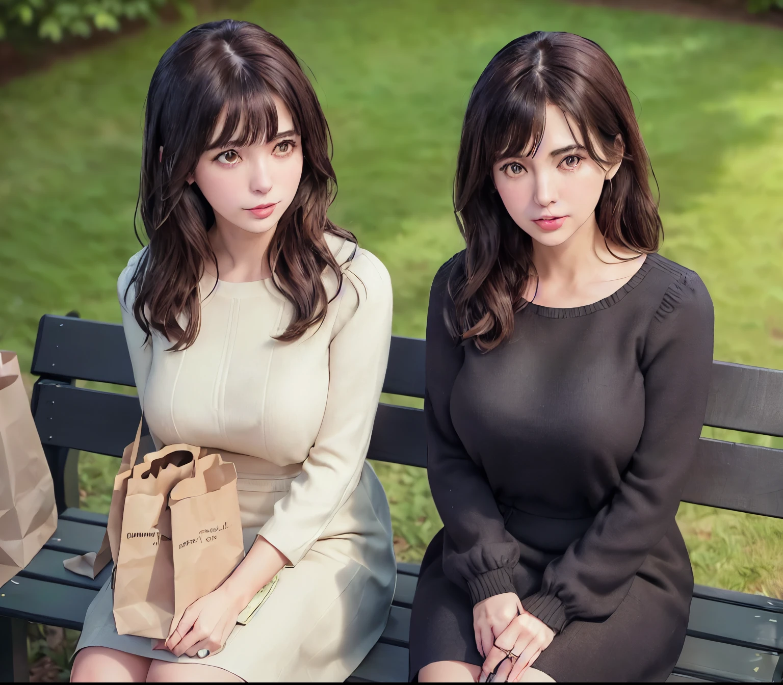 2lady, Sit on it (Bench end), (Office staff outfit) fashionable, Mature female, /(Brown hair/) Bangs, (Looking at the phone), (Masterpiece Best Quality:1.2) Exquisite illustrations with rich details, large breasts rest /(Black Hair/) Bangs, (Staring into the distance) rest ((Simple paper bag:1.2) Sitting in the middle of the bench) rest (Ordinary city park) outdoor, (green landscape), noon, Detailed background