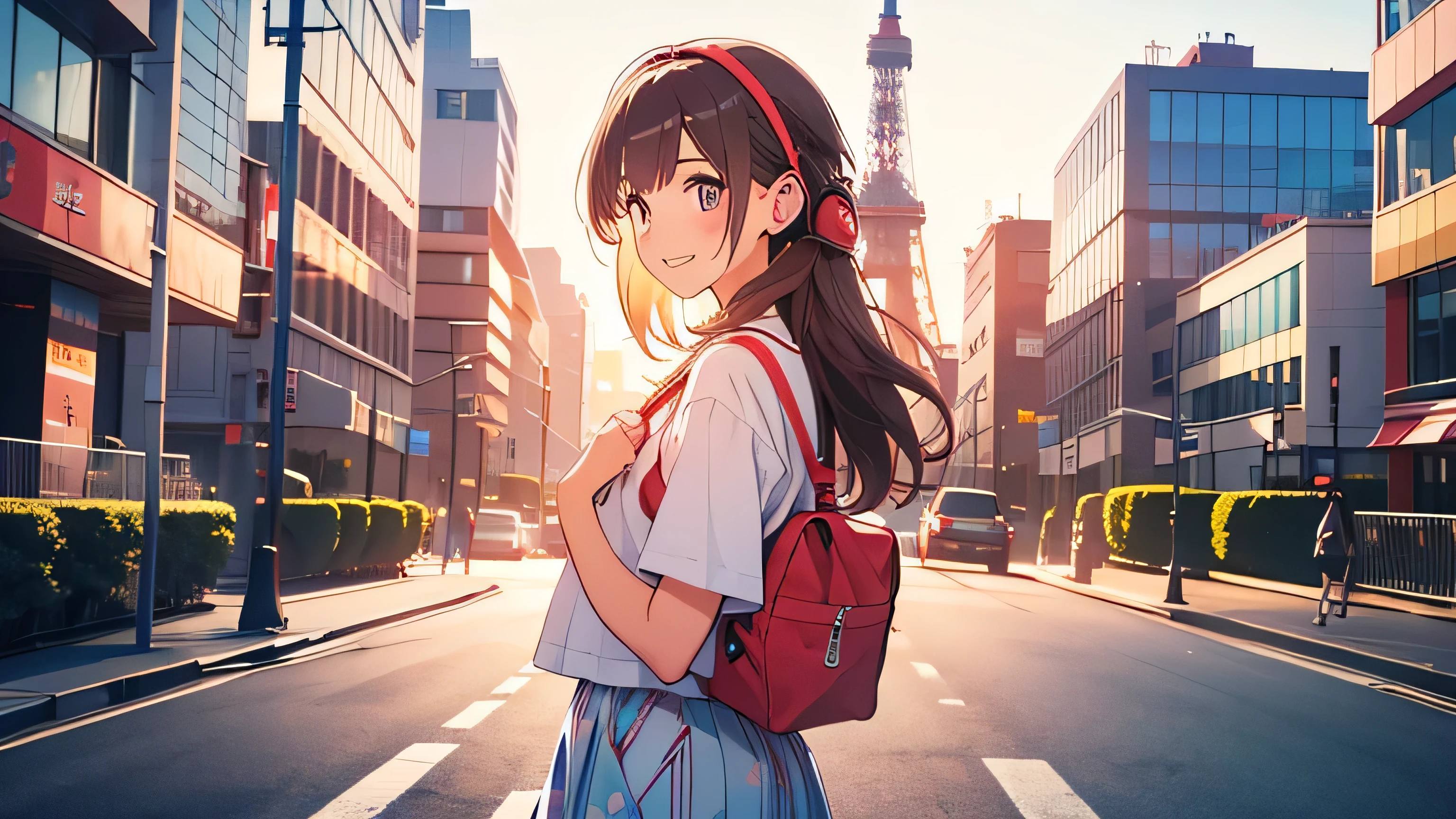 A beautiful girl wearing headphones having a fun walk、Cinema style、Perfect hands、Tokyo Tower、In town、skyscraper、baseball Ground