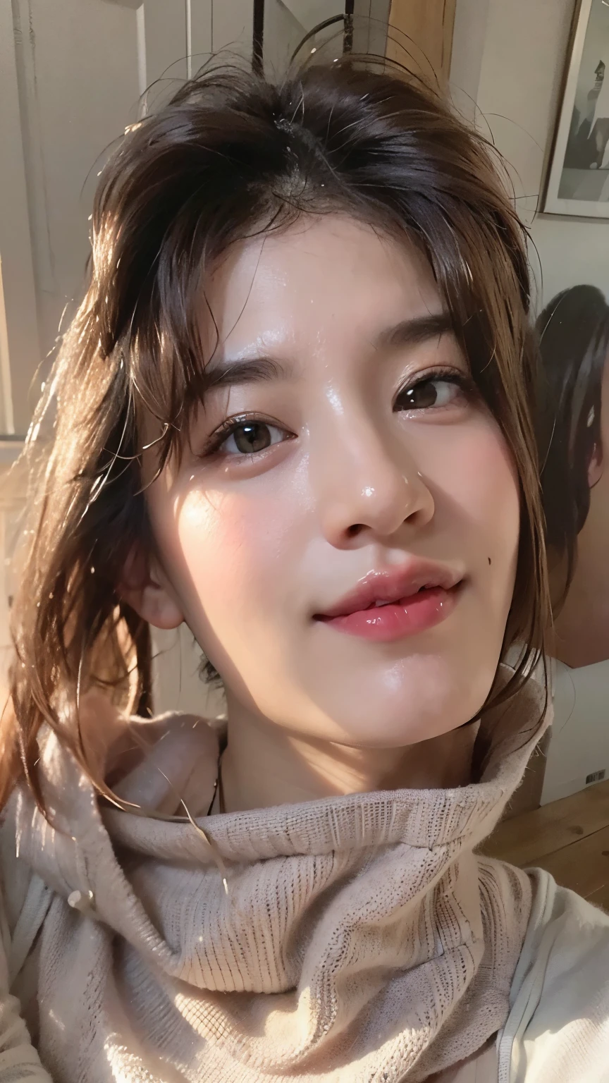 (masterpiece:1.3), (8K, Photorealsitic, Raw photography, Top image quality: 1.4), Japan high school girls、(Random hairstyles:1.2)、cleavage of the breast:1.2、Super Detail Face、Eye of Detail、double eyelid、Bring your chest together、sharp focus:1.2、prety woman:1.4、light brown hair、top-quality、masterpiece、超A high resolution、(Photorealsitic:1.4)、Highly detailed and professional lighting smile、Loose and light knitwear、Shoulder out、slender、serious facial expression、short-haired、Fatal position