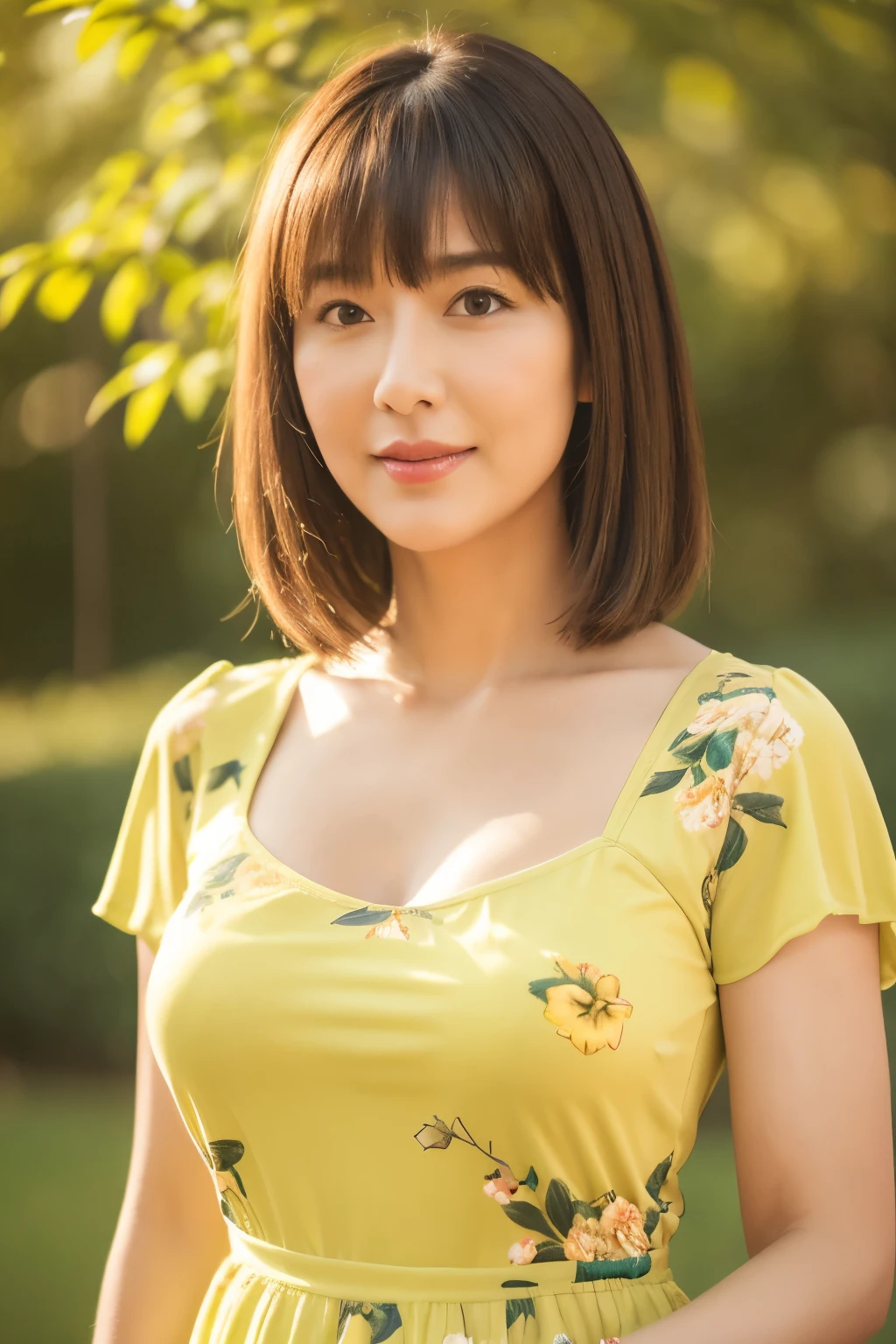 highest quality, masterpiece, High resolution, Realistic, RAW Photos, 8k wallpaper, perfection, Professional Lighting, Very detailed, Depth of written boundary, ((One beautiful woman)), 40 years old, Sexy Woman, ((Green and yellow floral dress)), Upper body shot above the waist, Standing straight with good posture, ((Looking at the camera)), Detailed face and skin texture, Detailed eyes, at the park, bangs, Shapely breasts, Light brown straight hair, Faint lips